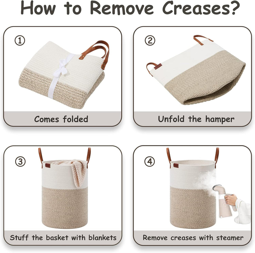 VIPOSCO Small Laundry Basket, Slim Baby Hamper with Leather Handle, Cute Woven Rope Storage Basket for Blanket, Kids Toy, Clothes In Living Room, Bathroom, Bedroom, Nursery Room - 30L White & Brown