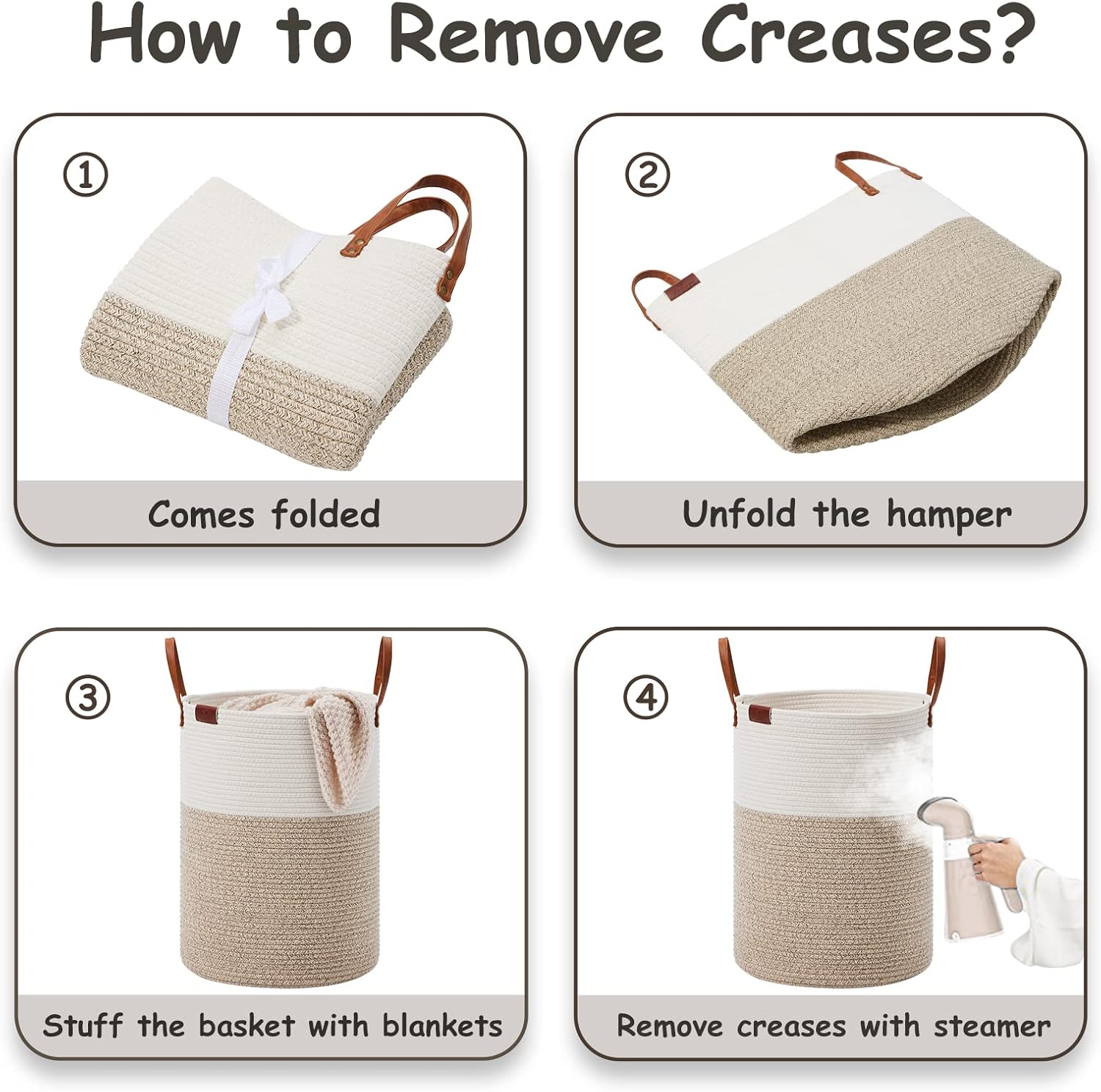 VIPOSCO Tall Laundry Basket, Large Dirty Clothes Hamper with Leather Handle, Woven Rope Storage Basket for Blanket, Toy In Living Room, Bathroom, Bedroom - 72L White & Brown