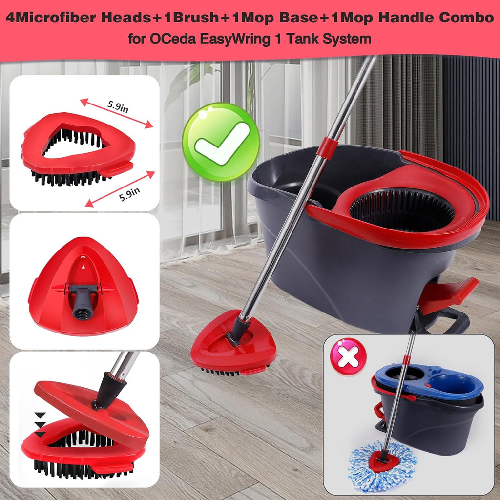 Mop Heads Replacements Complete Combo for O-Ceda,4Pcs White Machine Washable Microfiber Spin Mop Refills Replace Heads,1 Scrub Brushs,1 Base,1 Set Handle,Spin Mop Replacements for Tub and Tile