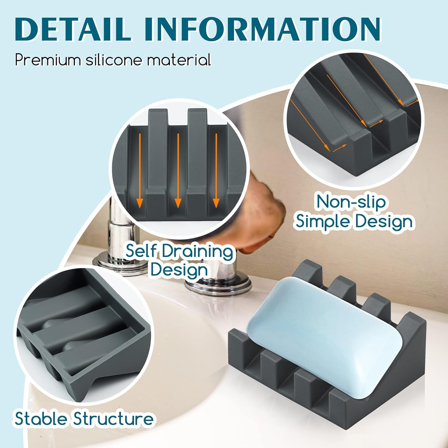 Silicone Soap Dish for Bar Soap Holder for Shower Bathroom Self Draining Waterfall Drying Tray Keep Soap Bars Dry Clean & Easy Cleaning (White Gray Black, 3)