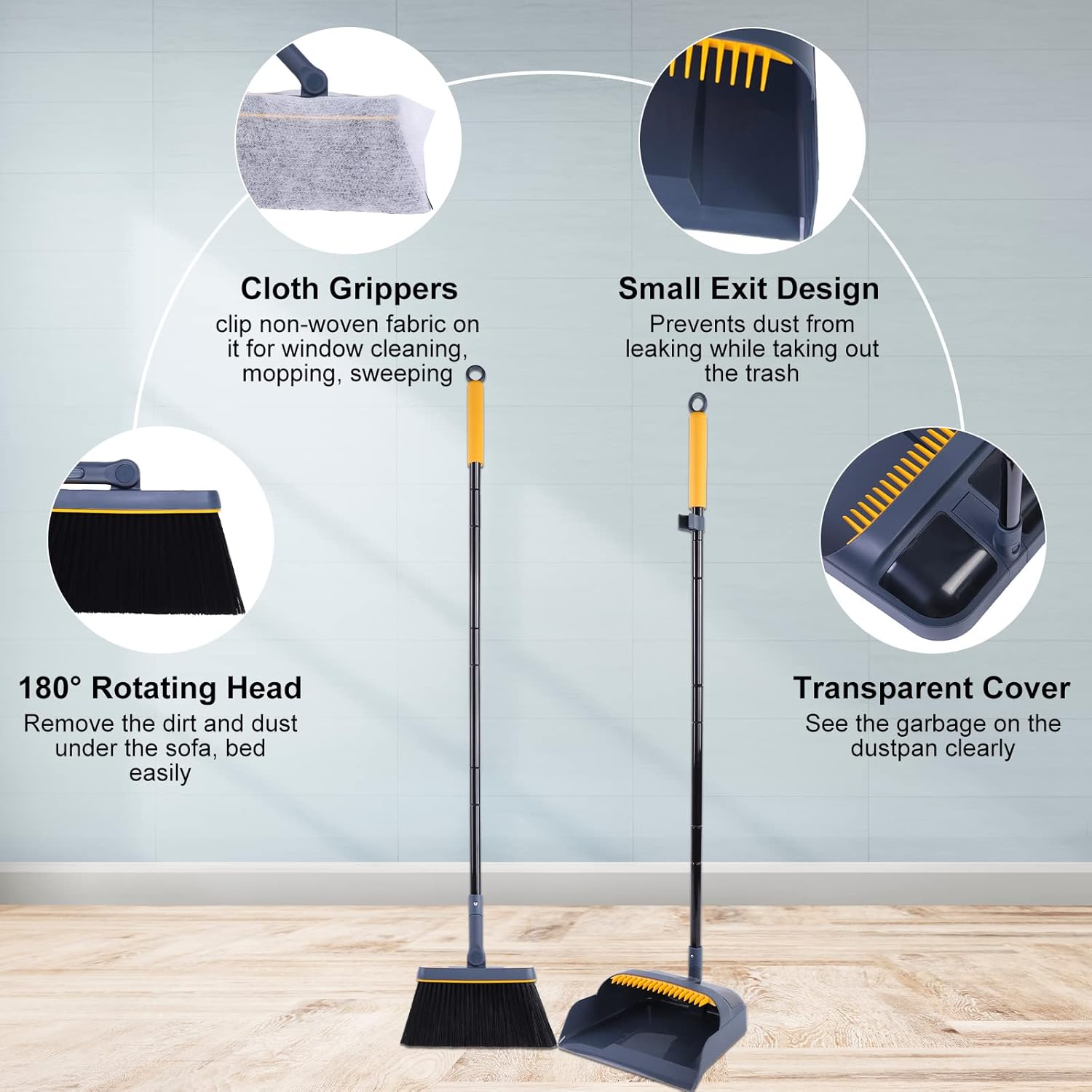 JEHONN Broom and Dustpan Set for Home, 54 Inches Long Handle Lightweight 180 Degree Rotating Indoor Upright Standing Dust Pan with Comb Teeth, Store Sweep Set for Room Kitchen Lobby Office