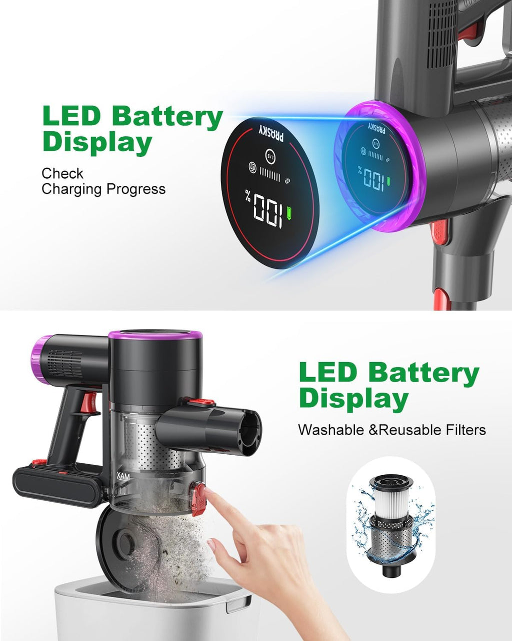 Cordless Vacuum Cleaner Bendable 6-in-1 Stick Vacuum — Lightweight with 45mins Runtime, LED Display & Headlight, Rechargeable for Carpet, Tile, Pet Hair & Hardwood Floors (Purple)