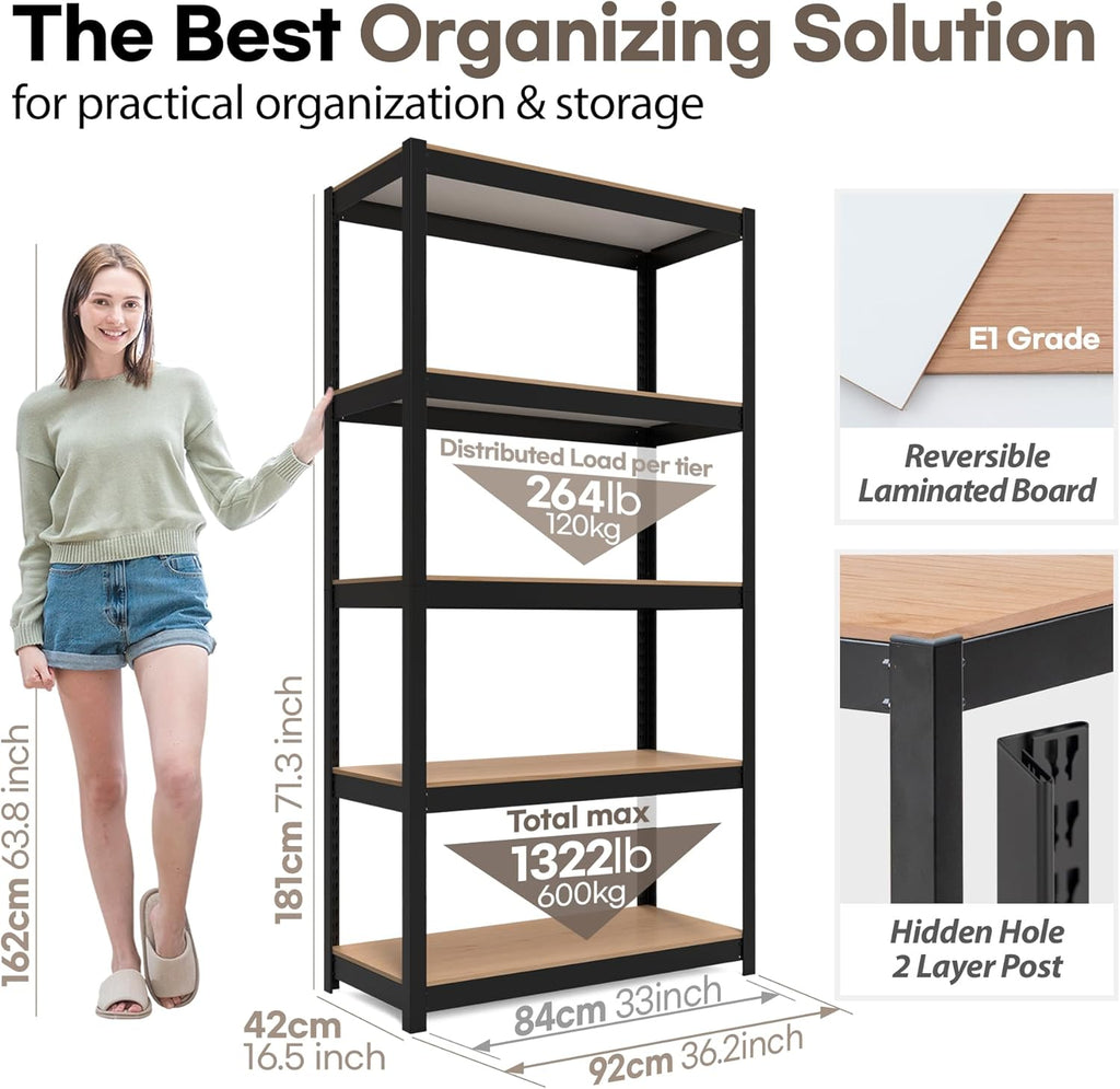 HOMEDANT House Black 5-Tier Laminated Metal Shelving Unit Adjustable Storage Utility Rack Heavy Duty Shelves Organization Shelf Kitchen Garage Pantry Closet 2Pack