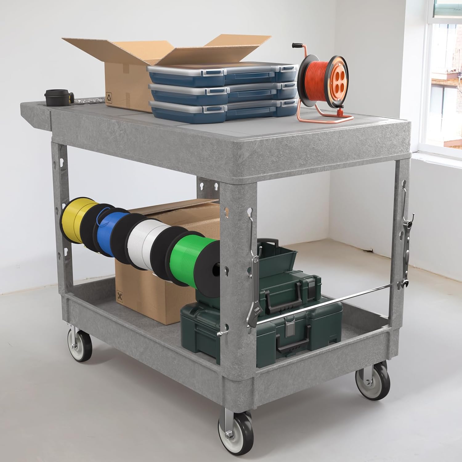 Large Garage Flat Top Utility Cart, Heavy Duty 2 Shelf Tool Cart Service Cart Rolling Push Carts with Ergonomic Handle 5" Swivel Casters.