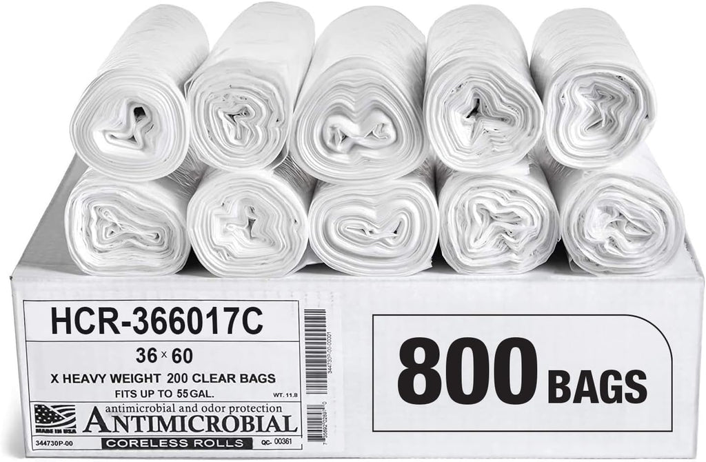 Aluf Plastics High Density Trash Bags, 55 Gallon, 800 Count, 17 Micron (eq), 36" x 60", Clear, for Bathroom, Office, Industrial, Commercial, Janitorial, Municipal, Recycling