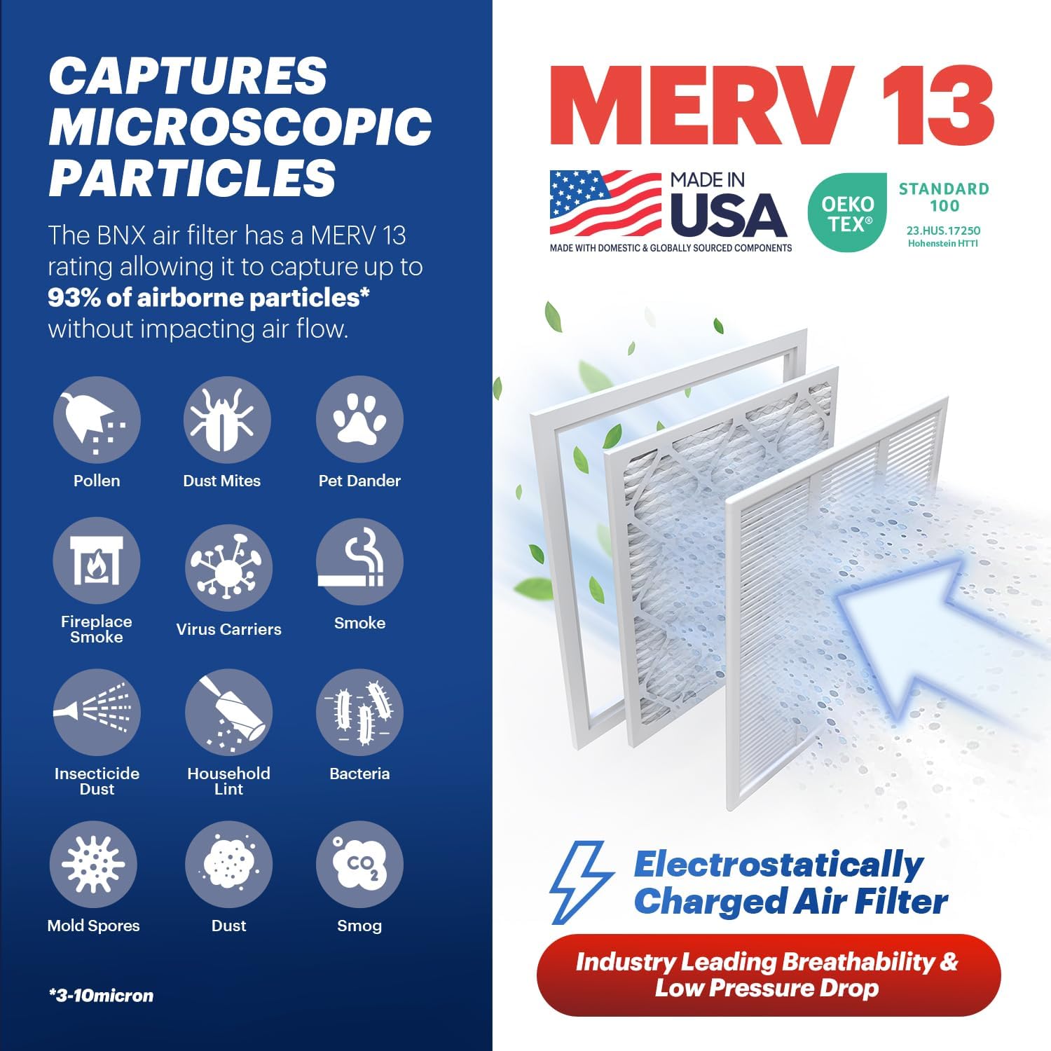 BNX TruFilter 12x20x1 Air Filter MERV 13 4-Pack) - MADE IN USA - Electrostatic Pleated Air Conditioner HVAC AC Furnace Filters for Allergies, Pollen, Mold, Bacteria, Smoke, Allergen, MPR 1900 FPR 10