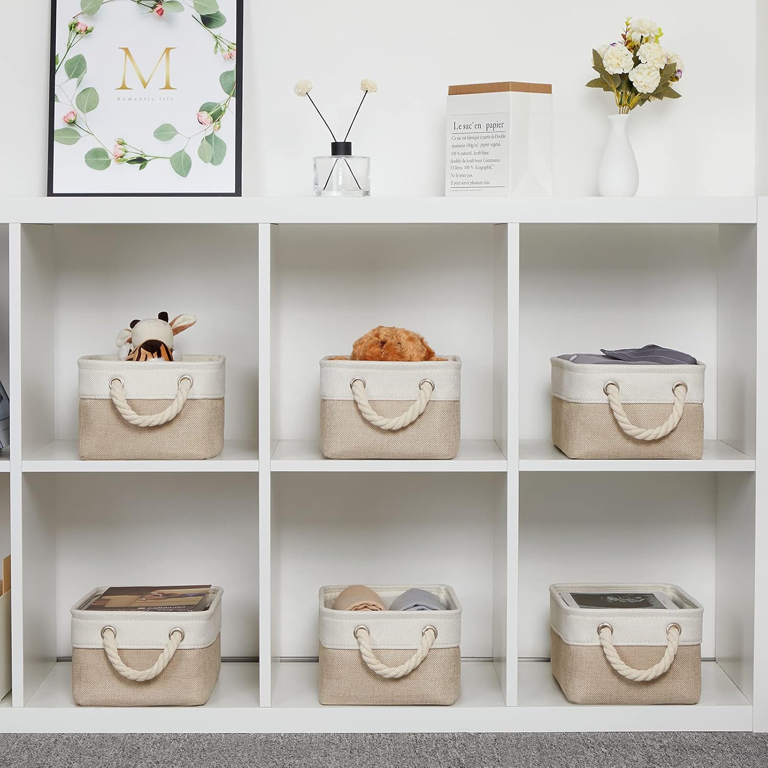 Temary Small Fabric Storage Baskets 6 Pcs Decorative Baskets Bins for Gifts Empty Foldable Storage Basket with Handles for Organizing Shelf, Towels (White&Khaki,11.8 L x 7.9 W x 5.3 H inches)