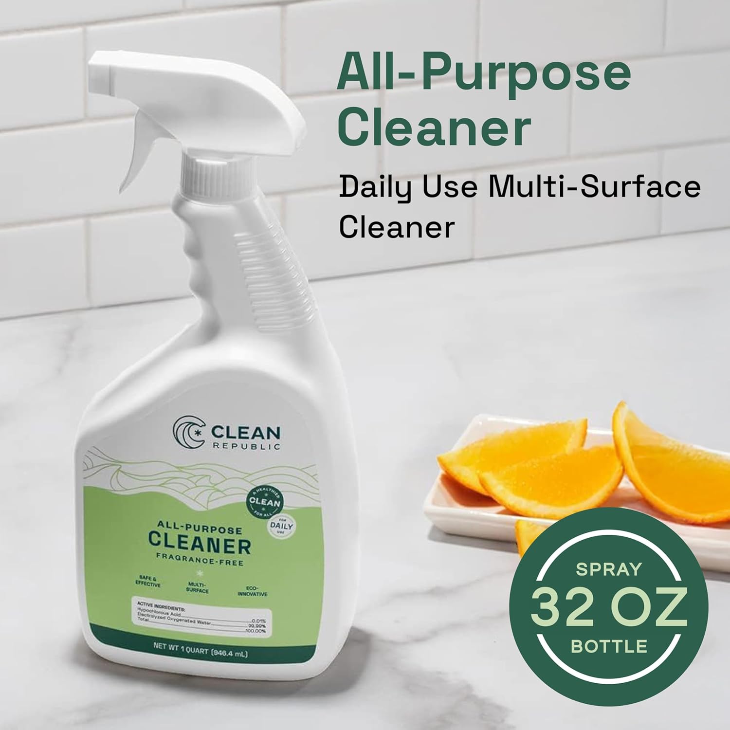 Clean Republic All-Purpose Cleaner, Daily Use Cleaning Spray for Kitchens, Bathrooms, and More, 32 Fluid Ounce Bottle