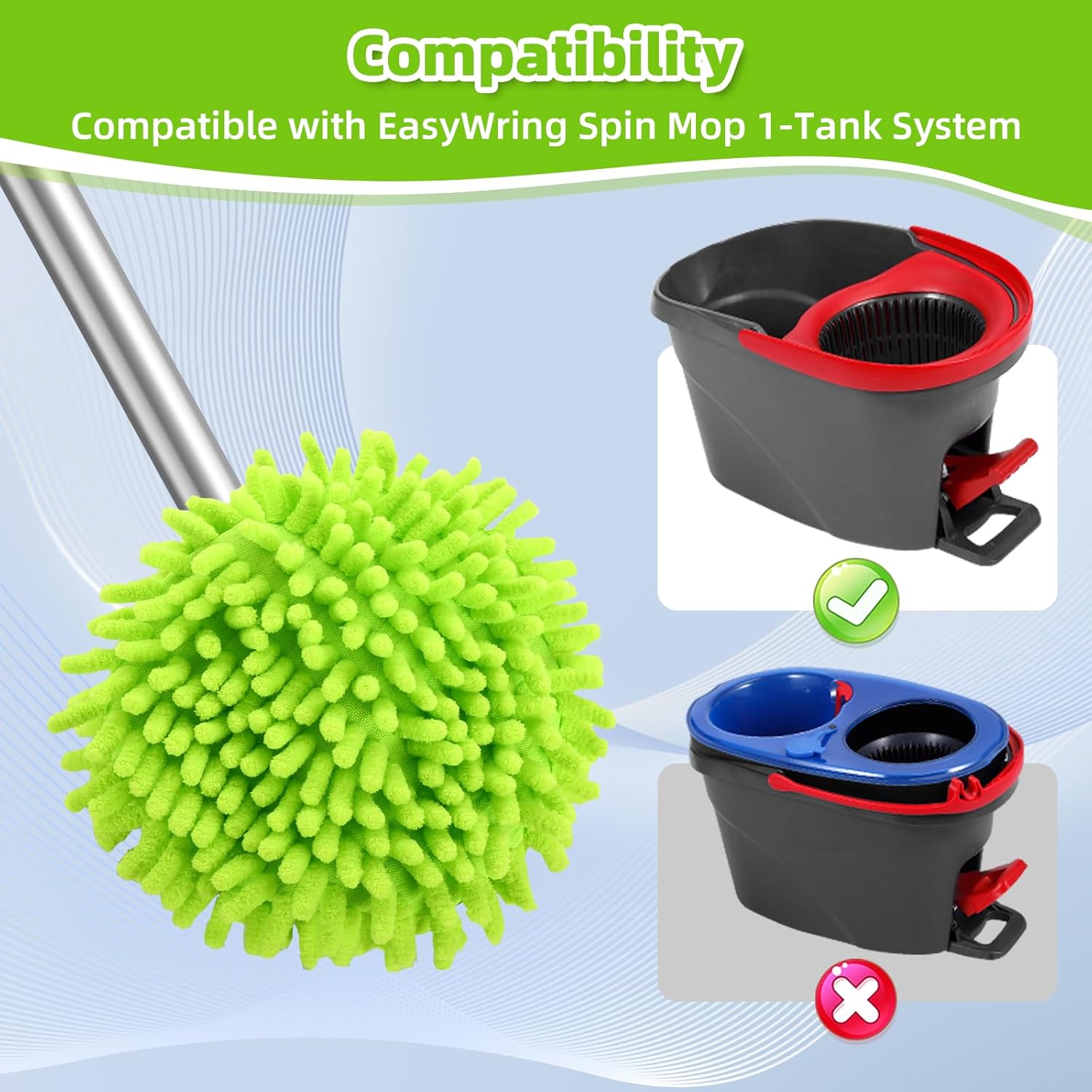 Chenille Mop Heads Replacements 4 Pcs & 1 Base Set for Ocedar Easywring 1-Tank System,Reusable Microfiber Spin Mop Replacement Head for Floor Cleaning and Tile