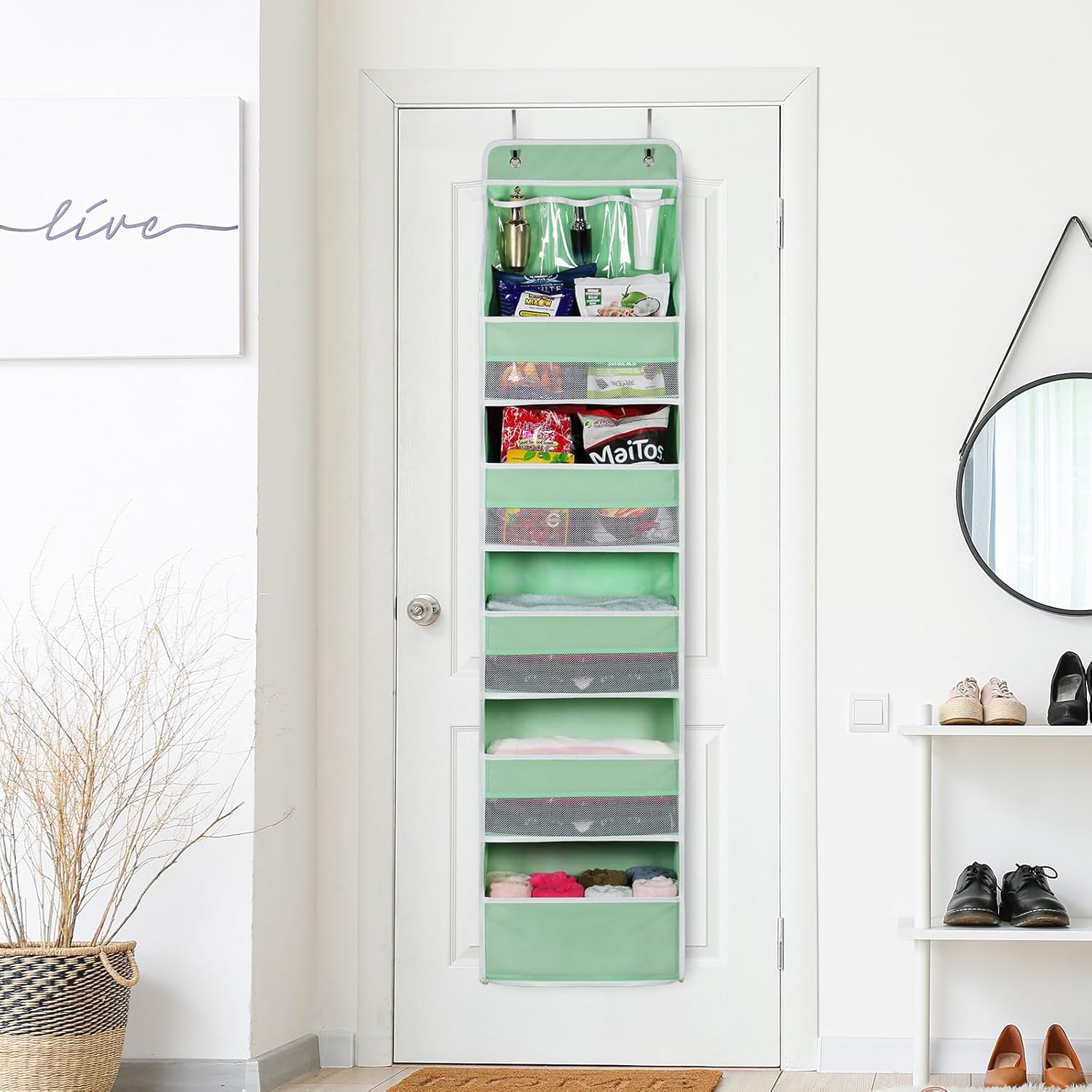 Univivi 6-Shelf Over Door Hanging Organizer Fabric Baby Door Storage with 5 Large Pockets and 3 Small PVC Pockets Wall Mount Hanging Storage Organizers for Baby Essential (Green)