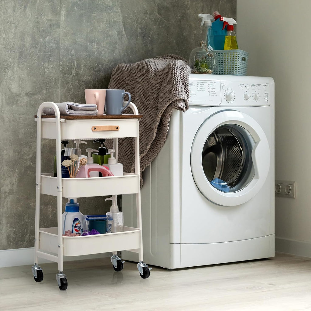 AGTEK Rolling Organizer Cart with Drawer, 3 Tier Movable Metal Utility Cart with Drawer, Mobile Trolley Cart for Home & Office, White