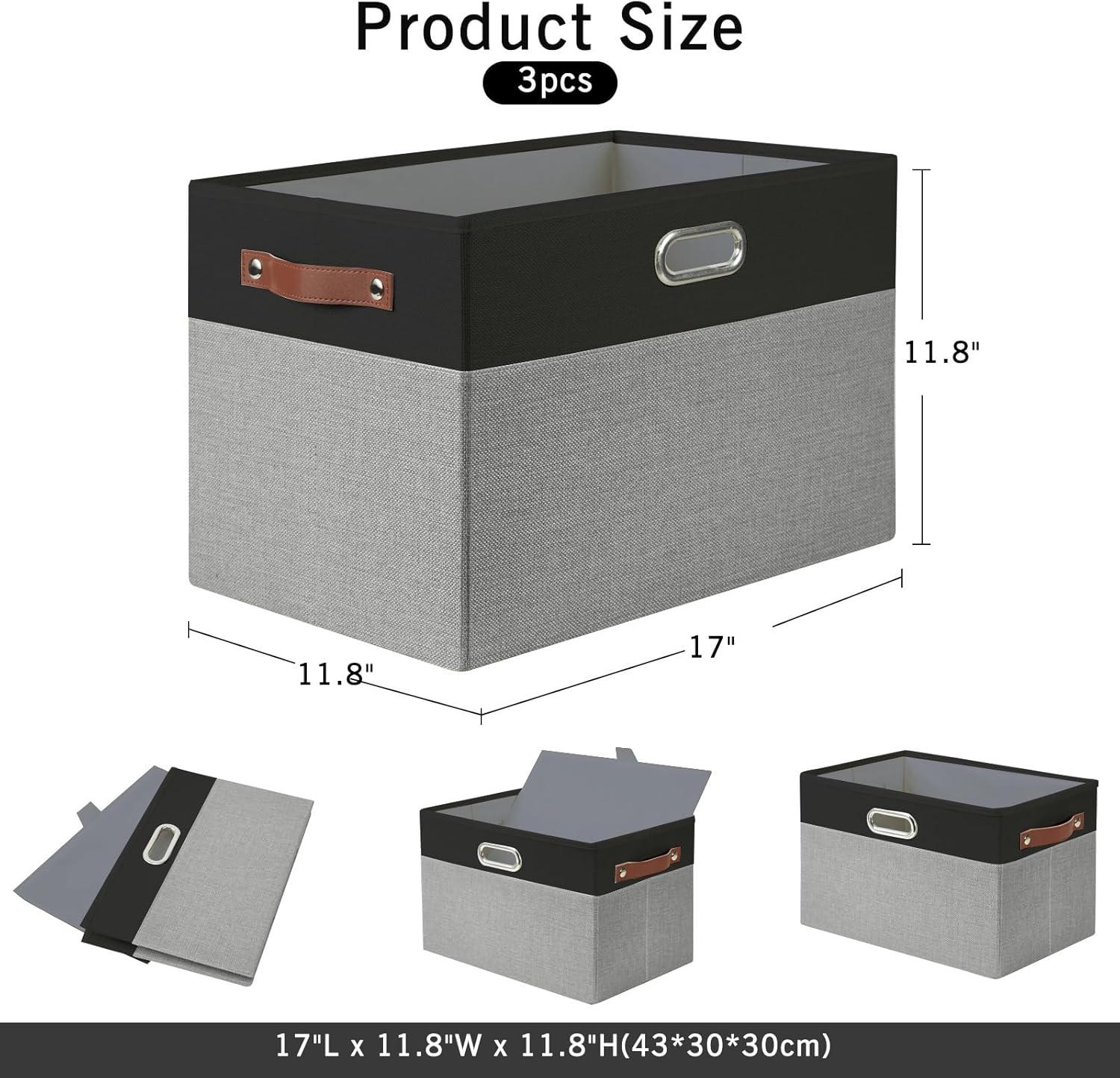 Large Collapsible Fabric Storage Bins with 3 Handles, Foldable Organizer Baskets for Closet, Shelves, Living Room | 3 Pack, Durable PU & Metal Handles (17"x11.8"x11.8", Black & Gray)