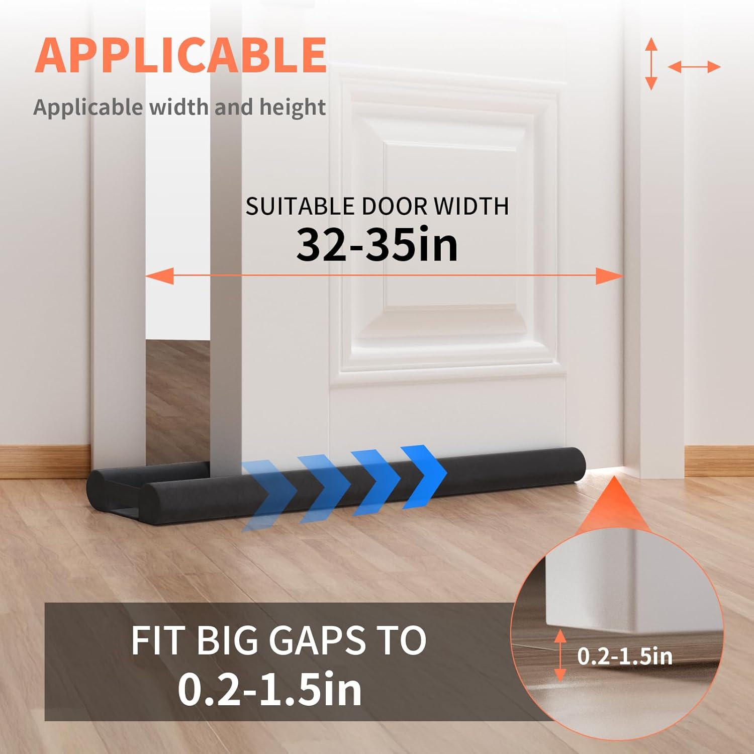 Door Draft Stopper for Bottom of Door, Under Door Gap Filler/Seal for Big Gap, No Folding Required, Flexible Installation Door Sweep soundproofing Strip for Home & Apartment, 32-36in, Black