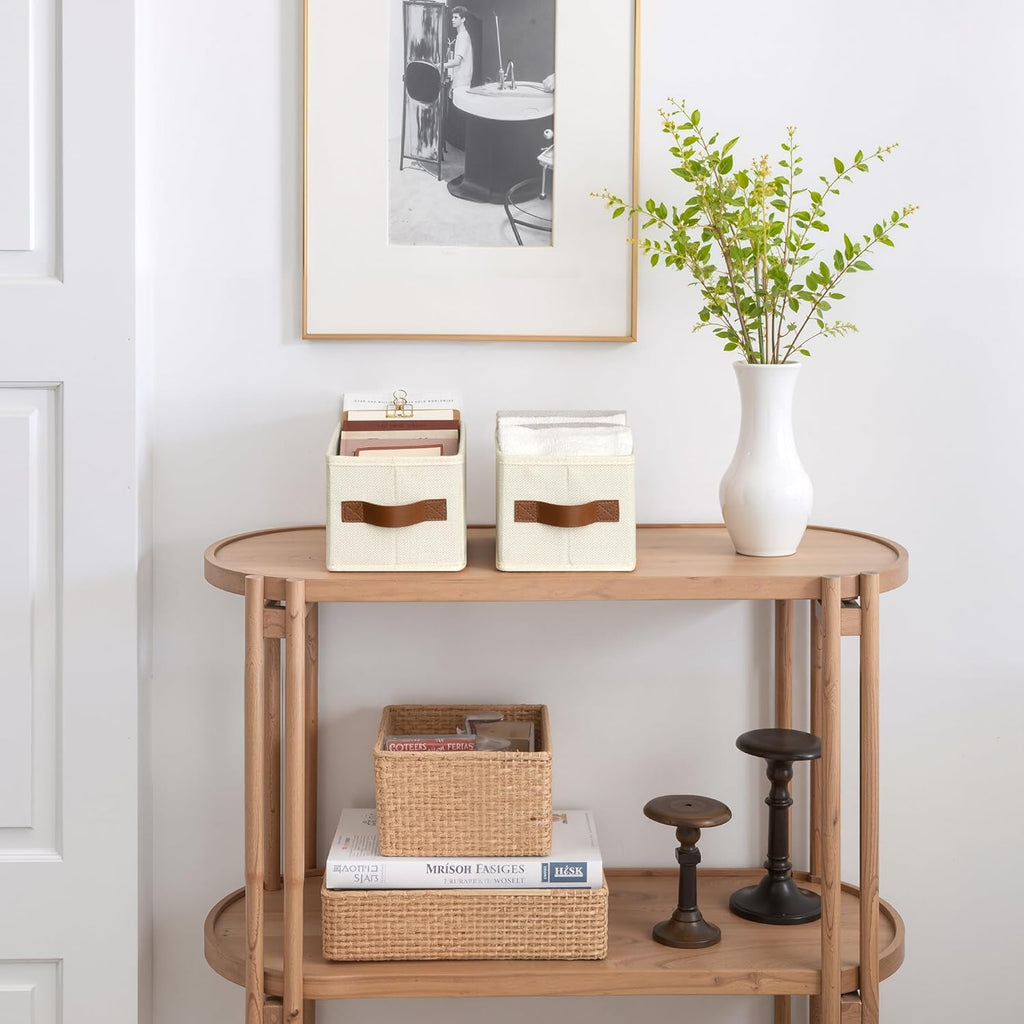 GRANNY SAYS Small Fabric Storage Bins, Storage Baskets for Shelves with PU Handles, Toilet Paper Storage, Mini Baskets for Organizing DVD, Photos, Clothes, Diaper, Sock, Cd, 3-Pack, Ivory