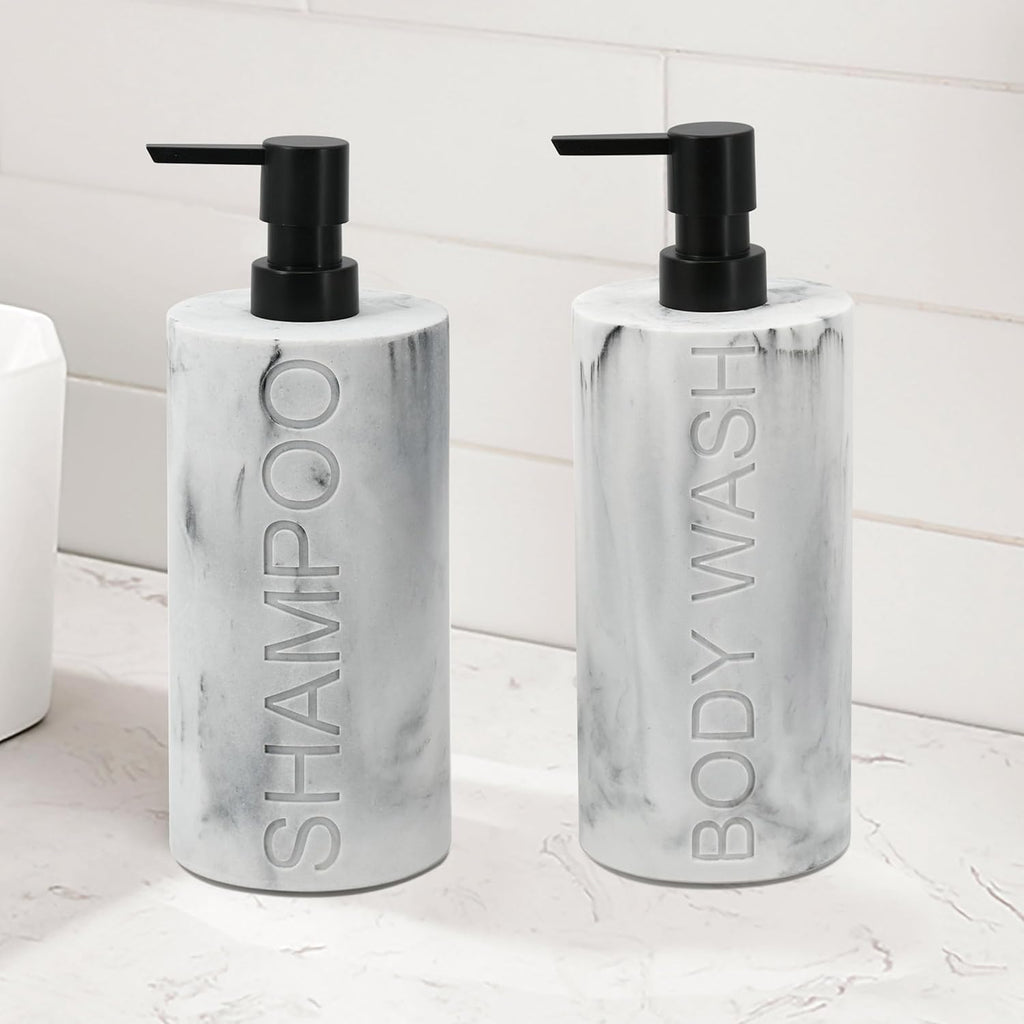 Marble Resin 2 Piece Shampoo and Body Wash Dispenser Set, Luxurious Refillable Pump Bottles with Matte Pump Top and Embossed Text, Durable Design for Bathroom and Shower