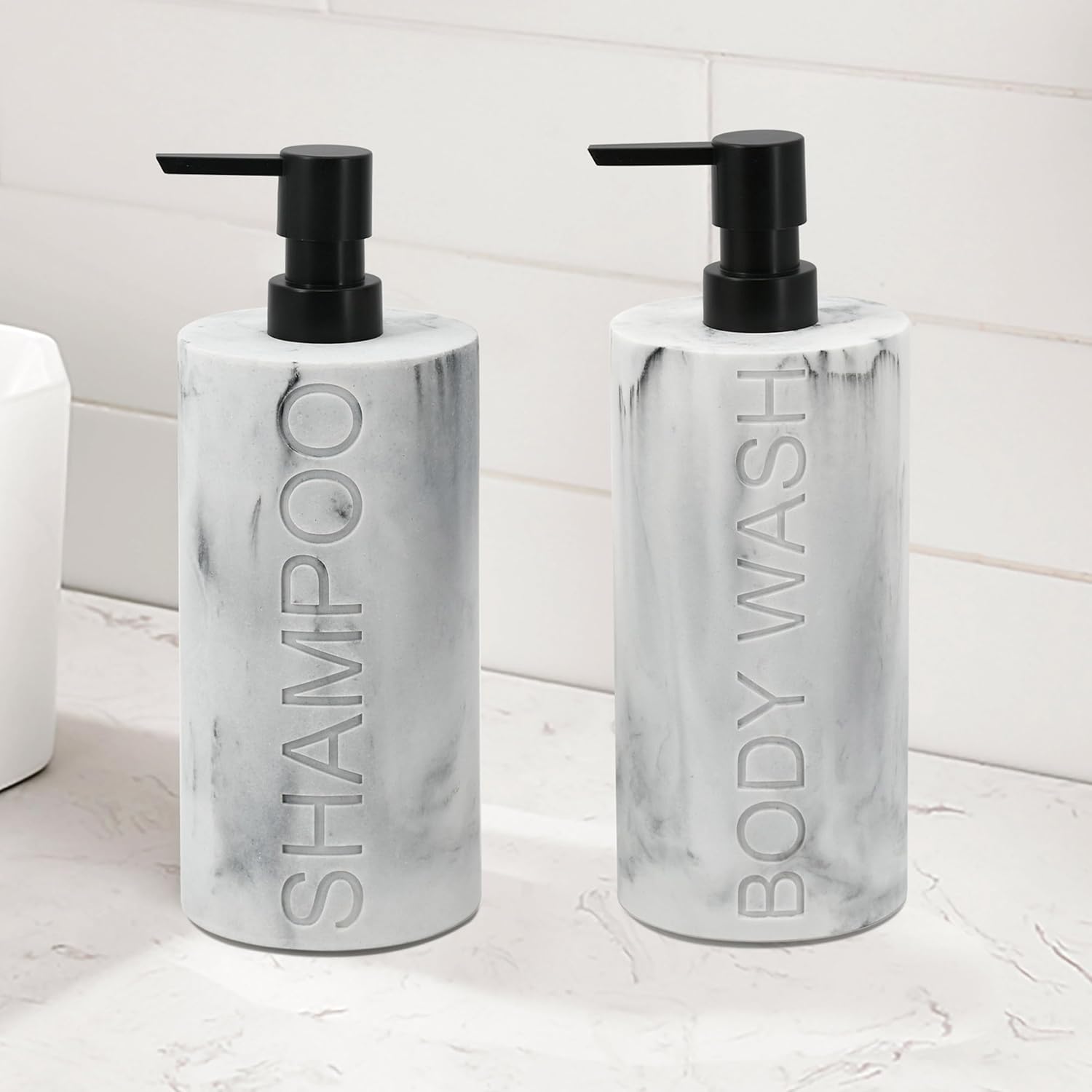 Marble Resin 2 Piece Shampoo and Body Wash Dispenser Set, Luxurious Refillable Pump Bottles with Matte Pump Top and Embossed Text, Durable Design for Bathroom and Shower