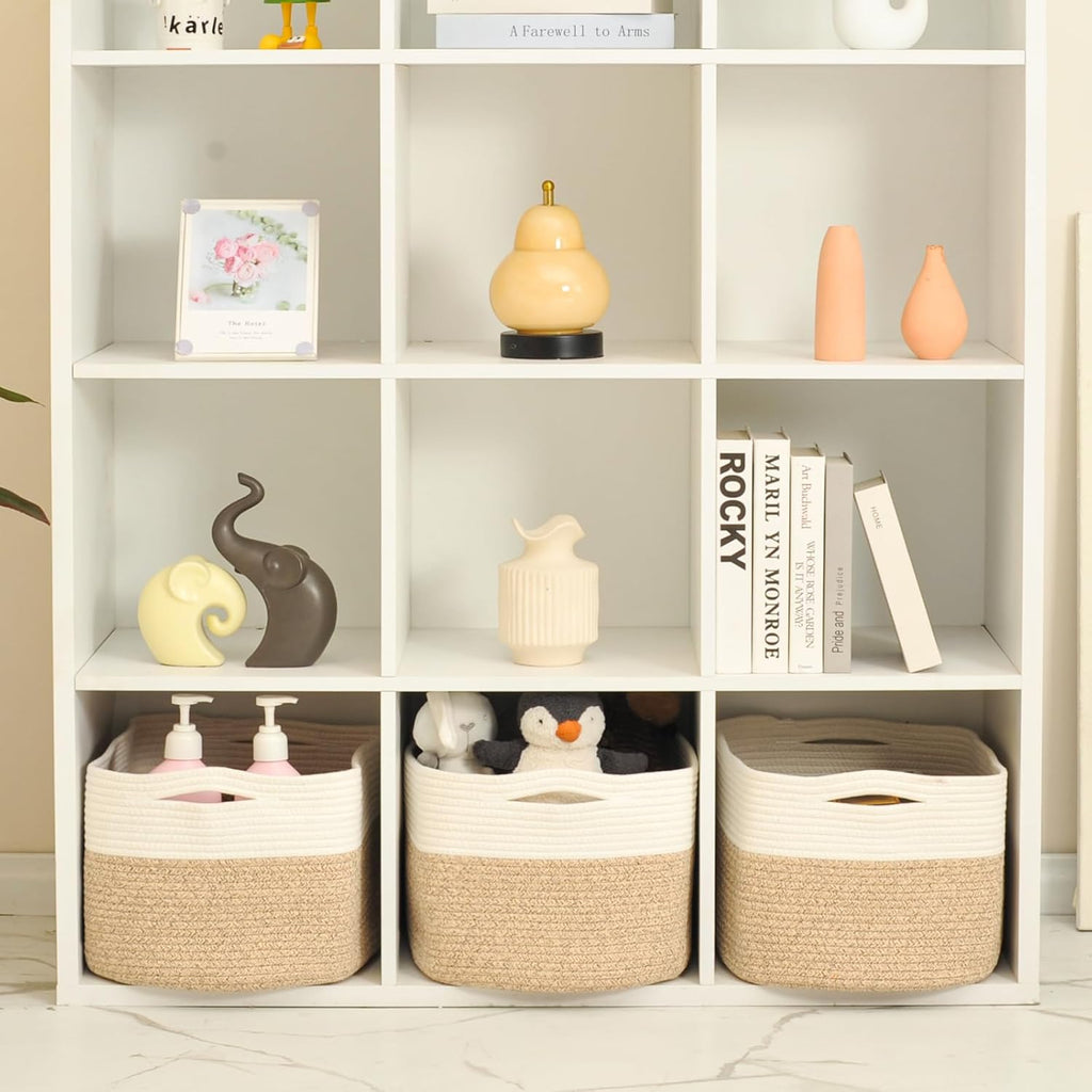 Large Storage Baskets for Organizing Shelves, Woven Cotton Rope Bins for Baby Nursery Organization, Book Toy Towel Organizer, 17"x13"x9.5", 3 Packs, Off White & Brown