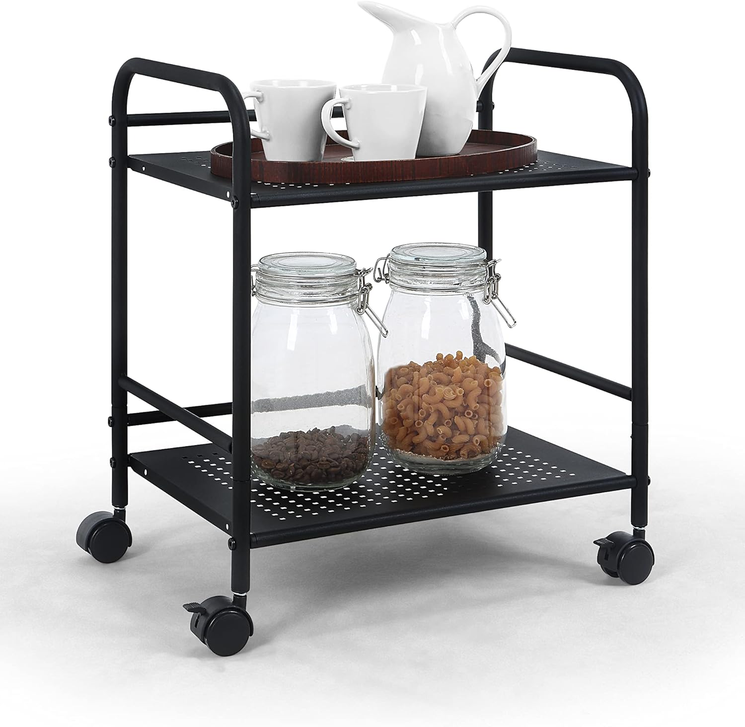 SunnyPoint 2-Tier Metal Rolling Utility Cart – Mobile Storage Shelf with Caster Wheels – Small Space Organizer for Home, Office, Bedroom, Kitchen (BLK)