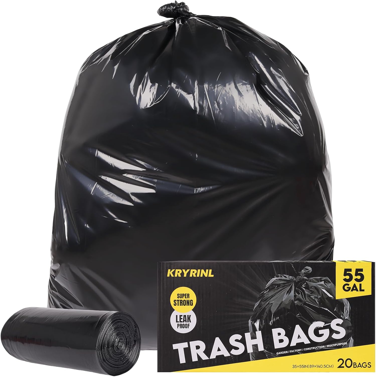 Heavy Duty Extra Large 55 Gallon Black Trash Bags, 1.92 Mil Industrial Garbage Bags for Construction, Waste Disposal,Commercial,Home Use,Out Door 20 Count