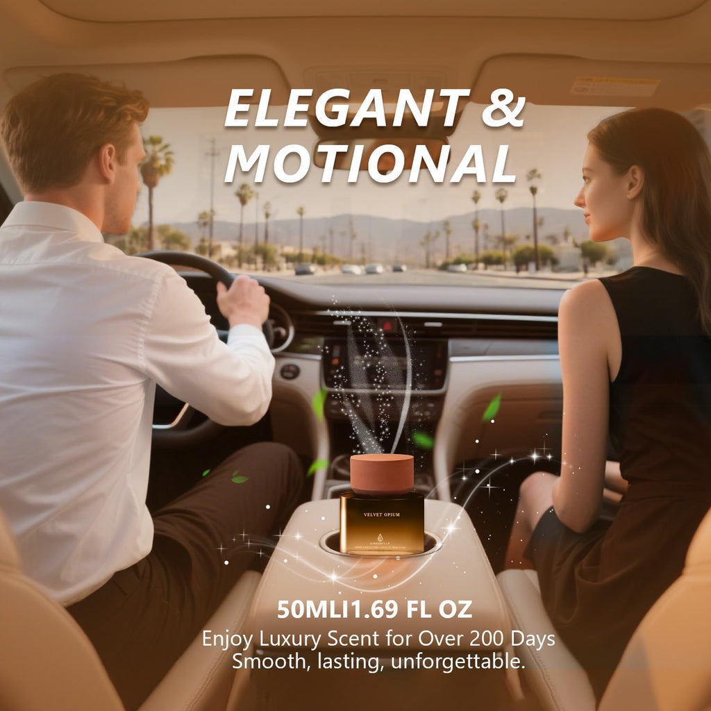 Car Air Freshener Spicy Sandalwood Fragrance Oil Diffuser for Cup Holder with Aroma Stone Cap, Long Lasting Scent Inspired by Luxury Perfume, Made in USA, 1.7 Fl Oz / 50ml