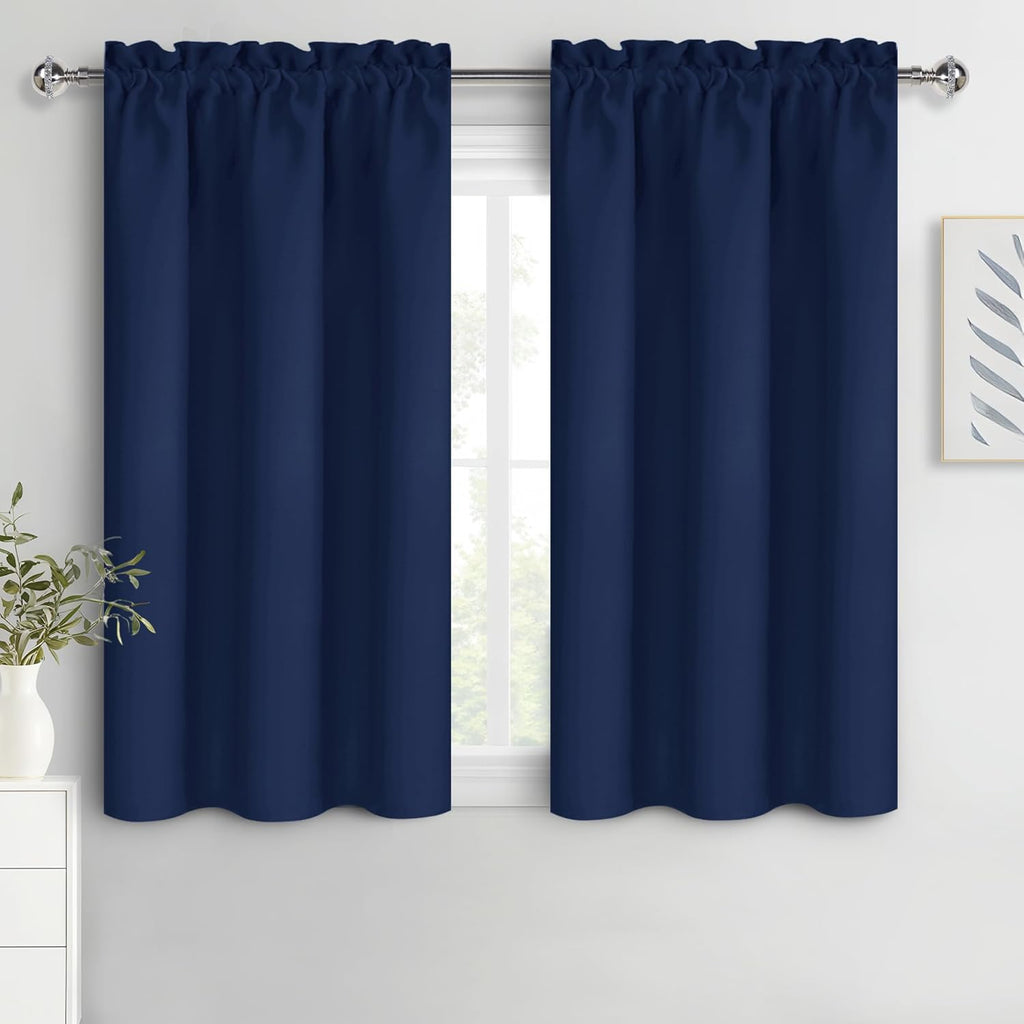 DWCN Kitchen Curtains for Small Windows 45 inch Long 2 Panels Set, Navy Blackout Room Darkening Short Drapes for Bedroom, Rod Pocket Thermal Insulated Window Treatment (W38 x L45 Inch, Navy Blue)