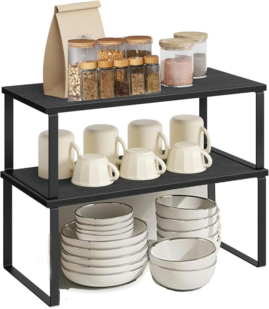 Cabinet Organizer Shelf, Kitchen Counter Storage, 2-Piece Set, Stackable Spice Rack, Metal and Wood (Black and Charcoal Black)