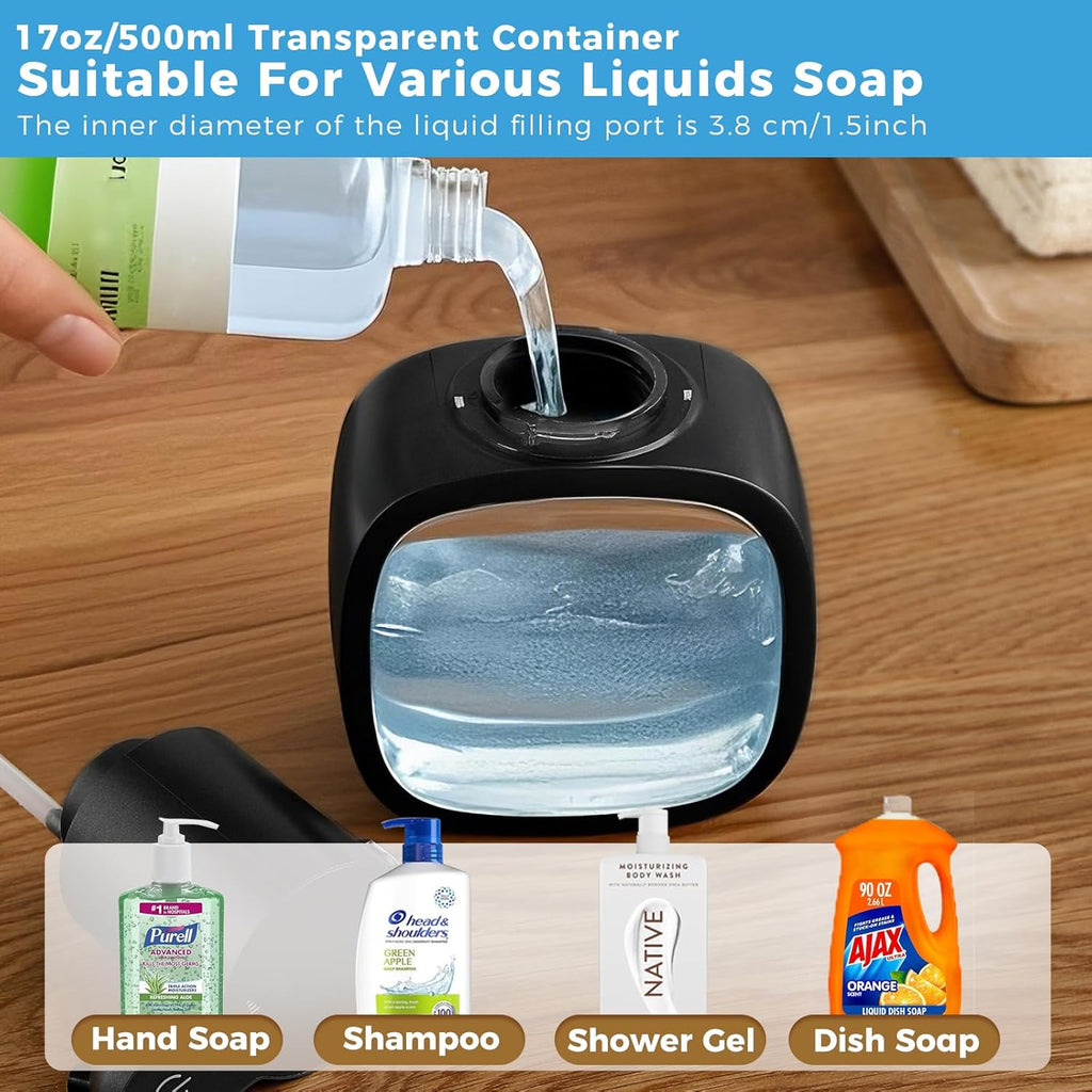 Automatic Liquid Soap Dispenser, 17oz/500ml Touchless Rechargeable with 4-Level Adjustable & IPX5 Waterproof - Level Display for Wall/Tabletop Use in Bathroom, Kitchen, Black