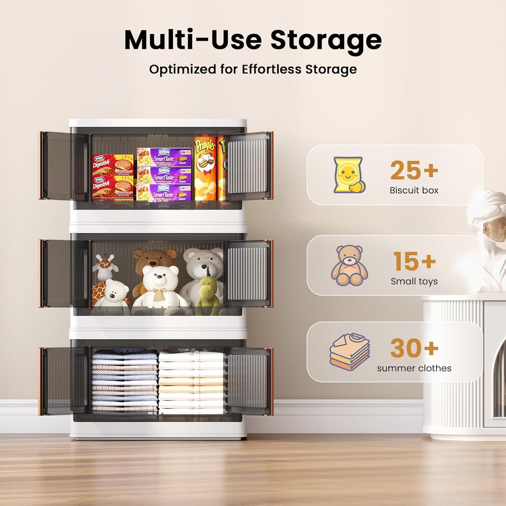 8.4Gal Collapsible Storage Bins with Lids & Wheels - 4 Pack Stackable with Doors, Heavy-Duty Plastic Containers for Home/Office, White