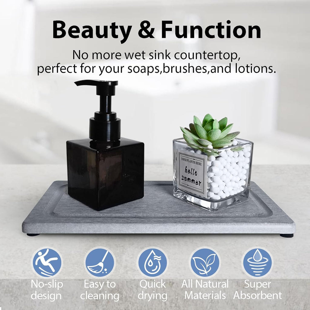2 PCS Water Absorbing Stone Trays for Bathroom Sink & Kitchen Counter, Fast-Drying Diatomite Sink Coasters, Vanity Tray, Hand Soap Holder with Anti-Skid Pads (9.5" x 4.7" Gray)