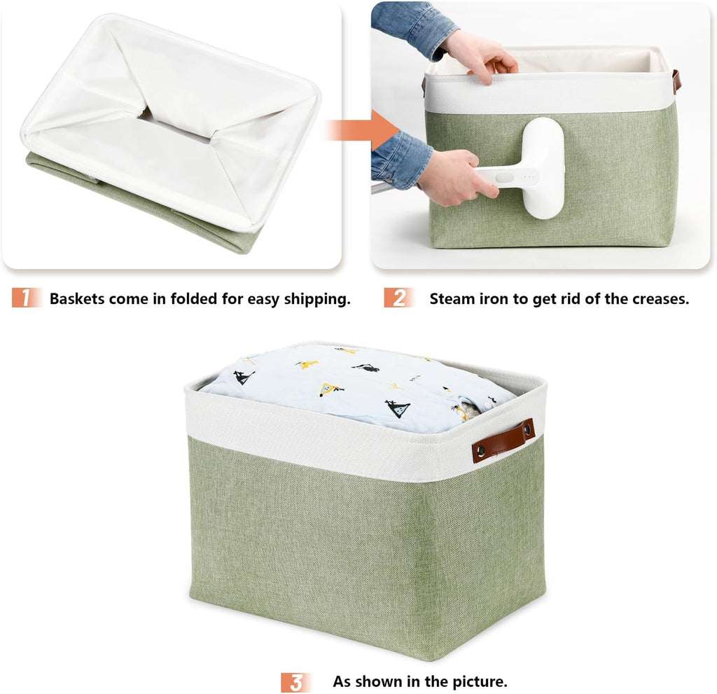 DULLEMELO 16 inch Fabric Storage Basket, Decorative Storage Boxes with Leather Handle for Closet Shelf Nursery, Collapsible Linen Storage Bins for Organizing Toys Book Towel Organizers(White&Green)