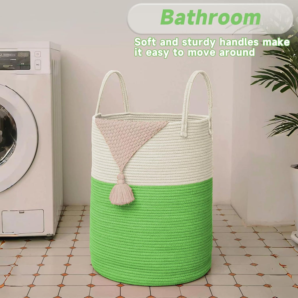 Large Woven Laundry Basket Hamper,80L Cotton Rope Storage Bin for Blankets,Toys and Clothes,Decorative Tall Nursery Hamper for Living Room,Baby Nursery,Bathroom and Bedroom,Light Green