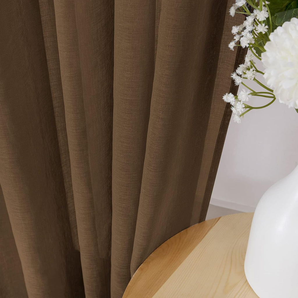Tollpiz Sheer Curtains Bedroom Linen Textured Curtain Sheers Light Filtering Voile Rod Pocket Curtains for Living Room, 38 x 84 inches Long, Brown, Set of 2 Panels