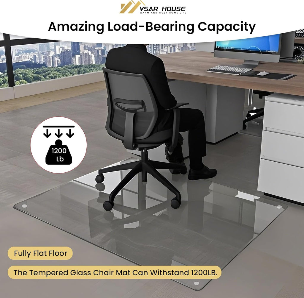 55"x46" Tempered Glass Chair Mat, Heavy Duty Glass Office Floor Mat for Carpet or Hardwood Floors, with Non-Slip Pads, Round Corner and Polished Edge, Effortless Rolling, Thick 1/5"