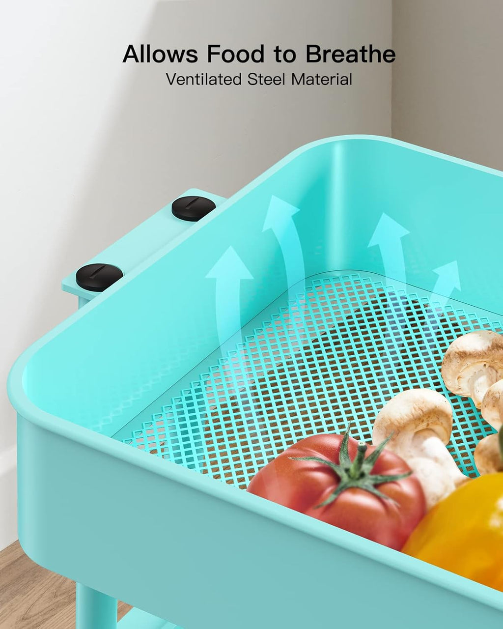 Pipishell 3-Tier Metal Rolling Utility Cart, Heavy-Duty Storage Cart with 2 Lockable Wheels, Multifunctional Mesh Organization Cart for Kitchen Dining Room Living Room (Turquoise)