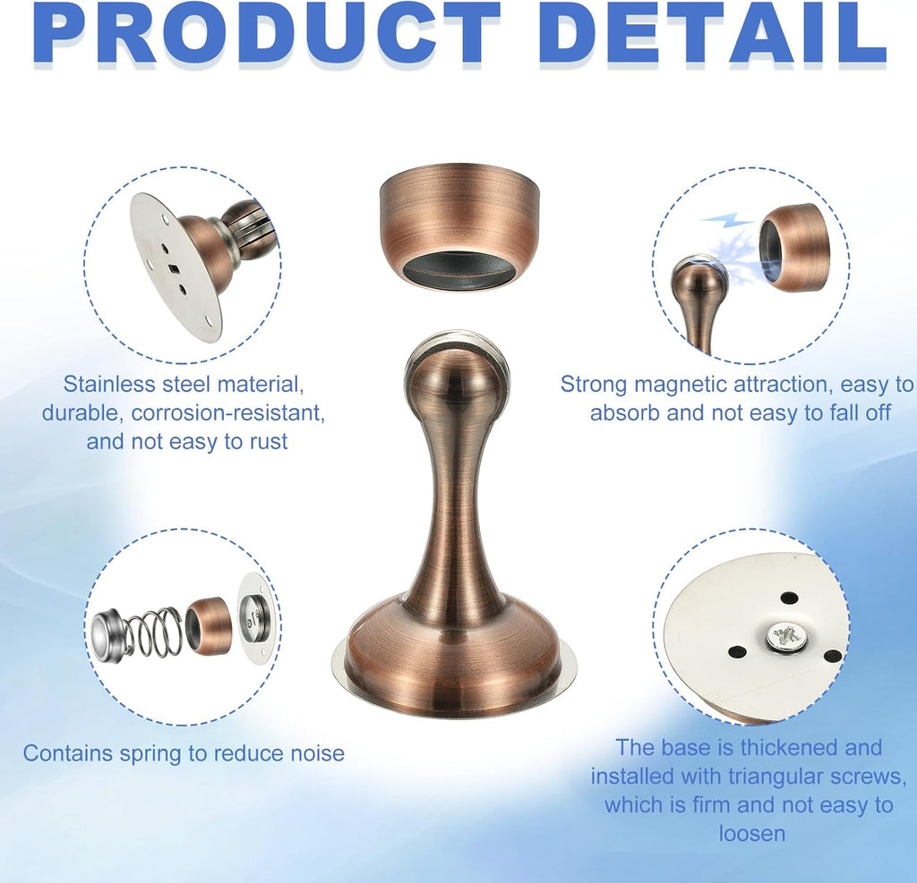 uxcell Magnetic Door Stopper, Stainless Steel Heavy Duty Door Holder, No Drilling Doors Knob Wall Protector with Self-AdhesiveTapes and Screws for Home Wall Floor Mounting, Red Bronze