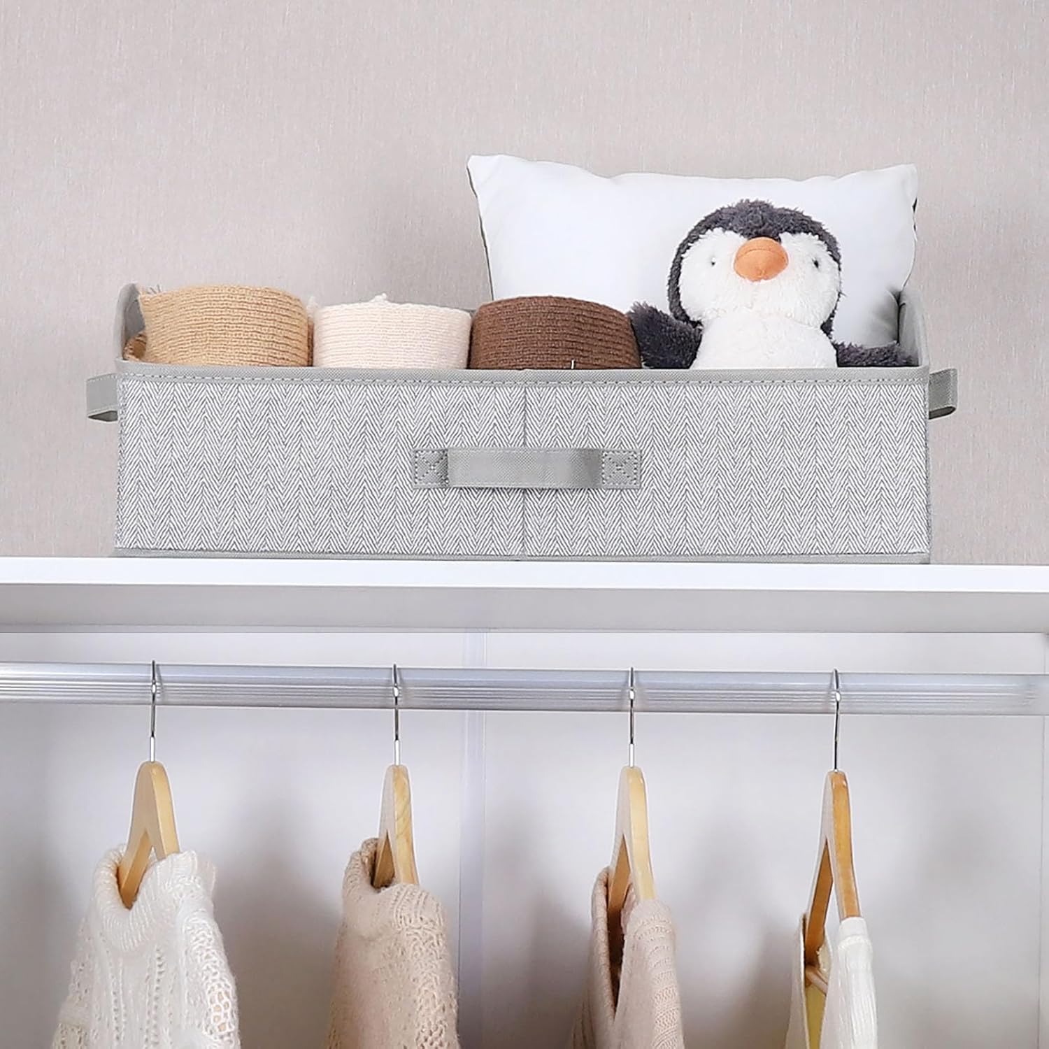 WUIKE Closet Organizers and Storage, Trapezoid Storage Bins, Fabric Closet Bins with Handles, Foldable Storage Baskets for Clothes, Purse, Blanket, Herringbone Gray, Extra Large, 3-Pack