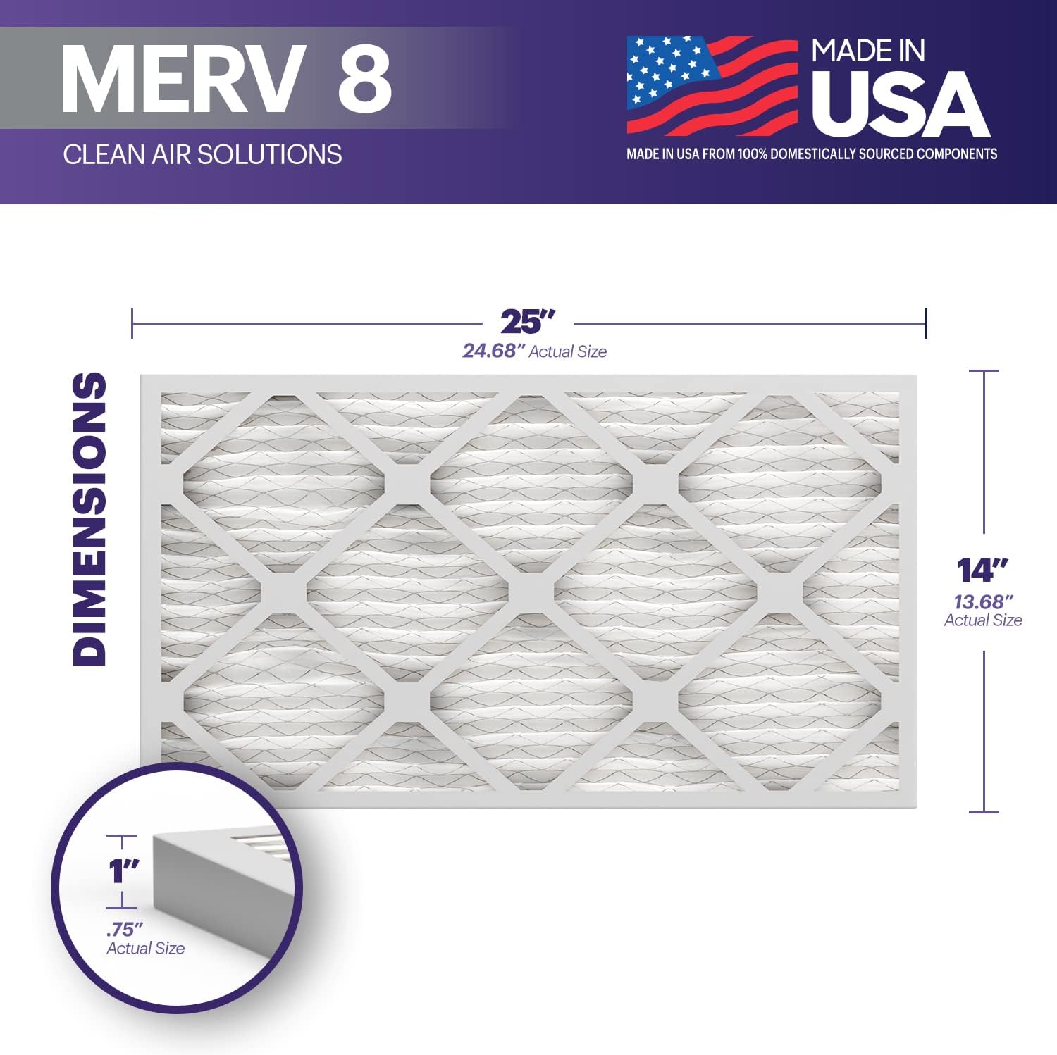 BNX TruFilter 14x25x1 Air Filter MERV 8 (6 Pack) - MADE IN USA – Dust & Pet Defense Electrostatic Pleated Air Conditioner HVAC AC Furnace Filters for Dust, Pet, Mold, Pollen MPR 600 – 700 & FPR 5