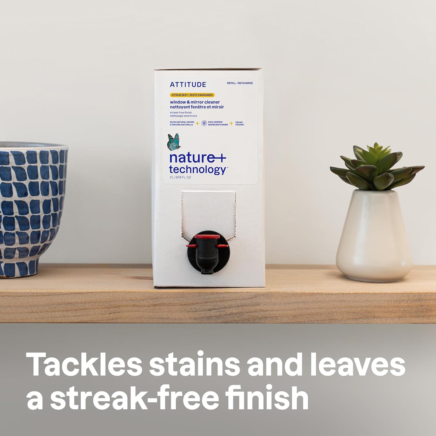 ATTITUDE Window & Mirror Cleaner Refill, EWG Verified, Plant- & Mineral-Based, Vegan & Streak-Free Glass Spray, Citrus Zest Scent, 67.6 Fl Oz