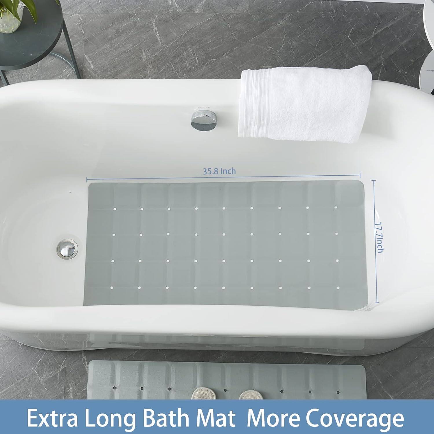 Foldable Silicone Bathtub Mat: Jumbo Size Heavy Duty Safety Bath Mat for Tub Without Suction Cups Non Slip Bath & Shower Mat for Textured, Reglazed, Refinished Tub (Grey, 35.8 x 17.7)