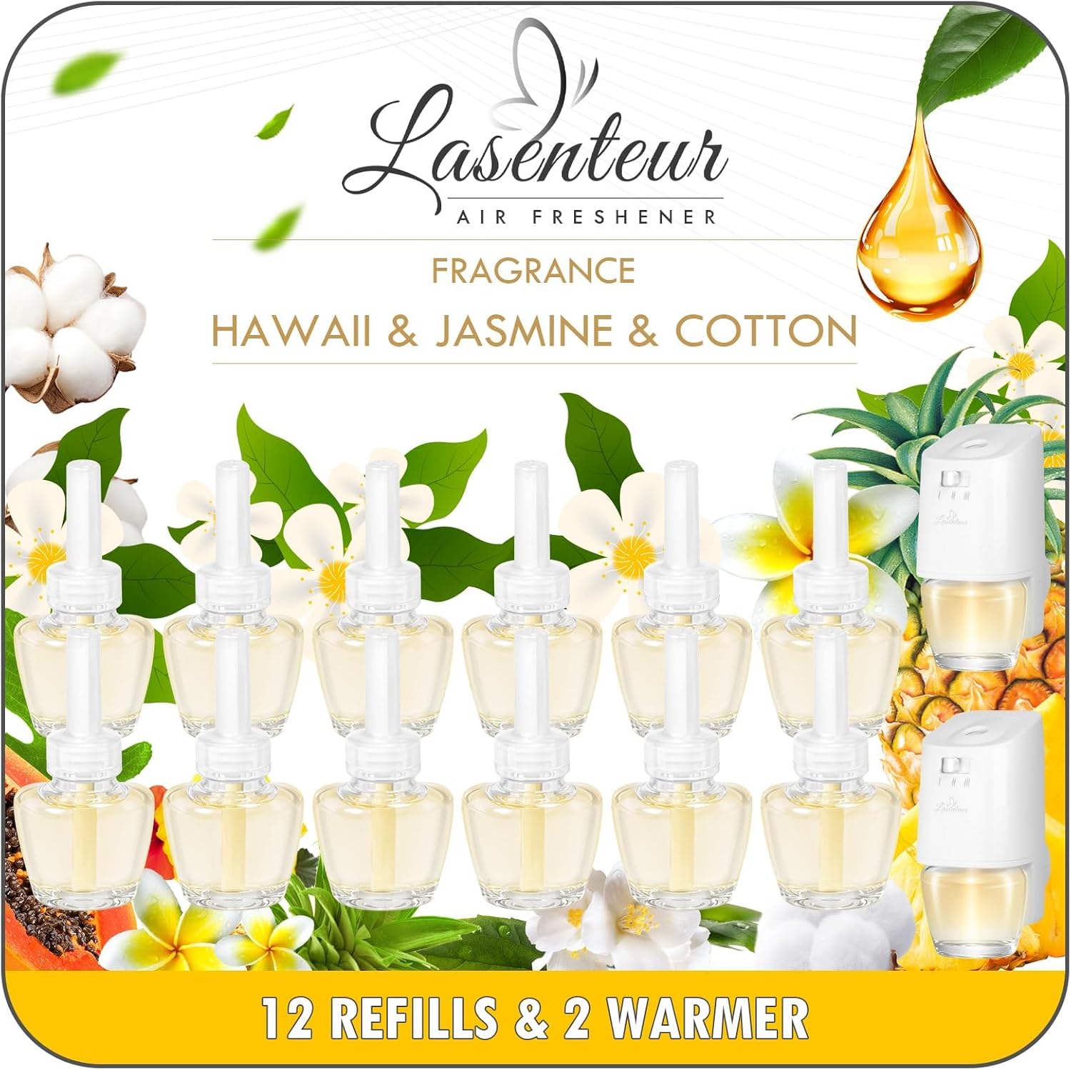 Plug in Air Fresheners Refills, Essential Oil Scented Refill with 2 Warmer, Jasmine, Hawaiian, Cotton, Long Lasting Home Fragrance for Bathroom, Compatible with Airwick, Compatible with Glade