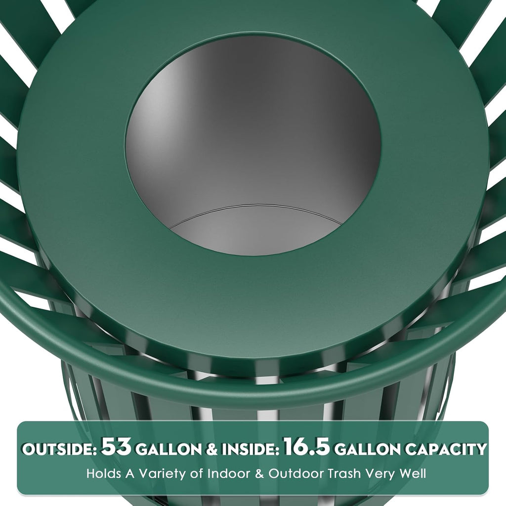 16 Gallon Round Large Outdoor Trash Can, Heavy Duty Metal Slatted Garbage Can Outdoor, All Weather Resistant Commercial Garbage Cans, Waste Receptacle in Park, School, Beach, Patio (Green, Large)