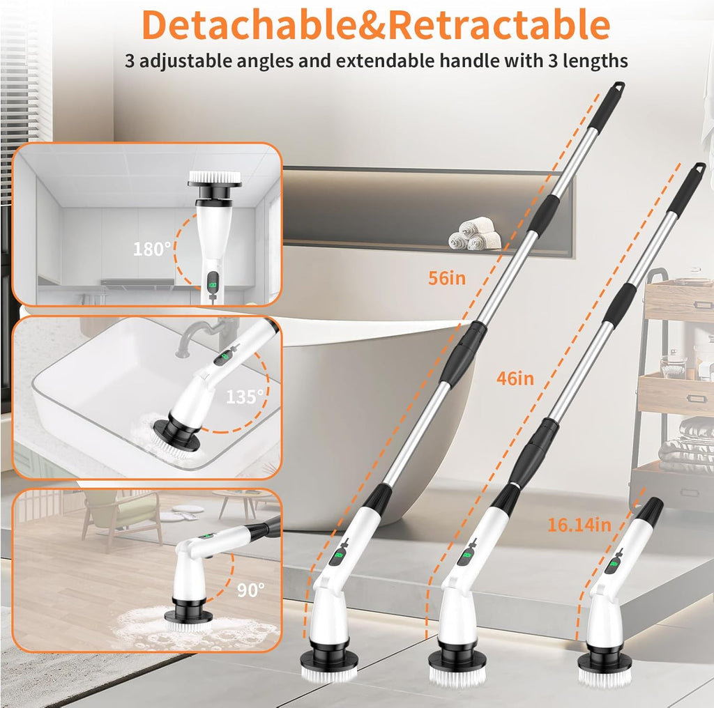 11 in 1 Electric Spin Scrubber Cordless Cleaning Brush 3 Adjustable Angles 2 Adjustable Speeds LED Display Shower Cleaner Brush Supplies Extension Long Handle for Bathroom Floor Tile Toilet Waterproof