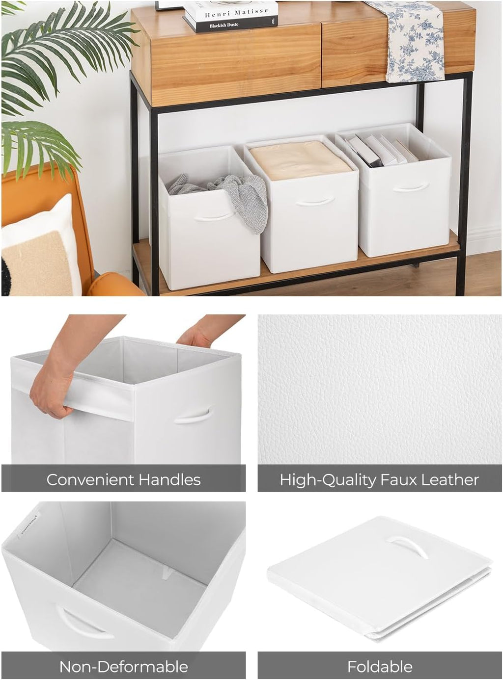 StorageWorks White Storage Cubes, 11-inch Leather Bins with Handle, Cube Organizer Baskets for Shelves and Closet, Collapsible Storage Bins, 4-Pack