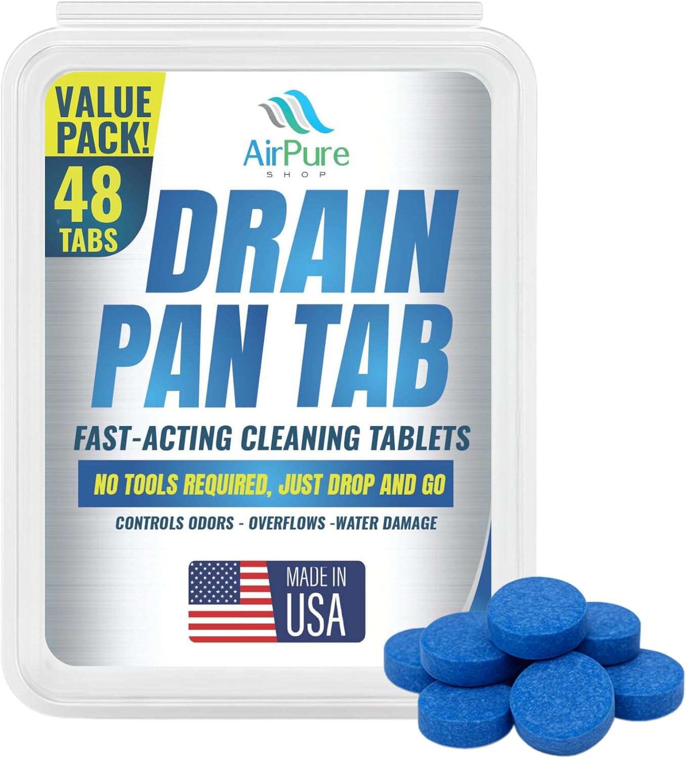 Air Pure Drain Pan Tabs - 48 Flow Treatment Tablets for HVAC & AC Condensate Pan Treatment | Prevents Overflow, Cleans Drain Lines, & Eliminates Odors