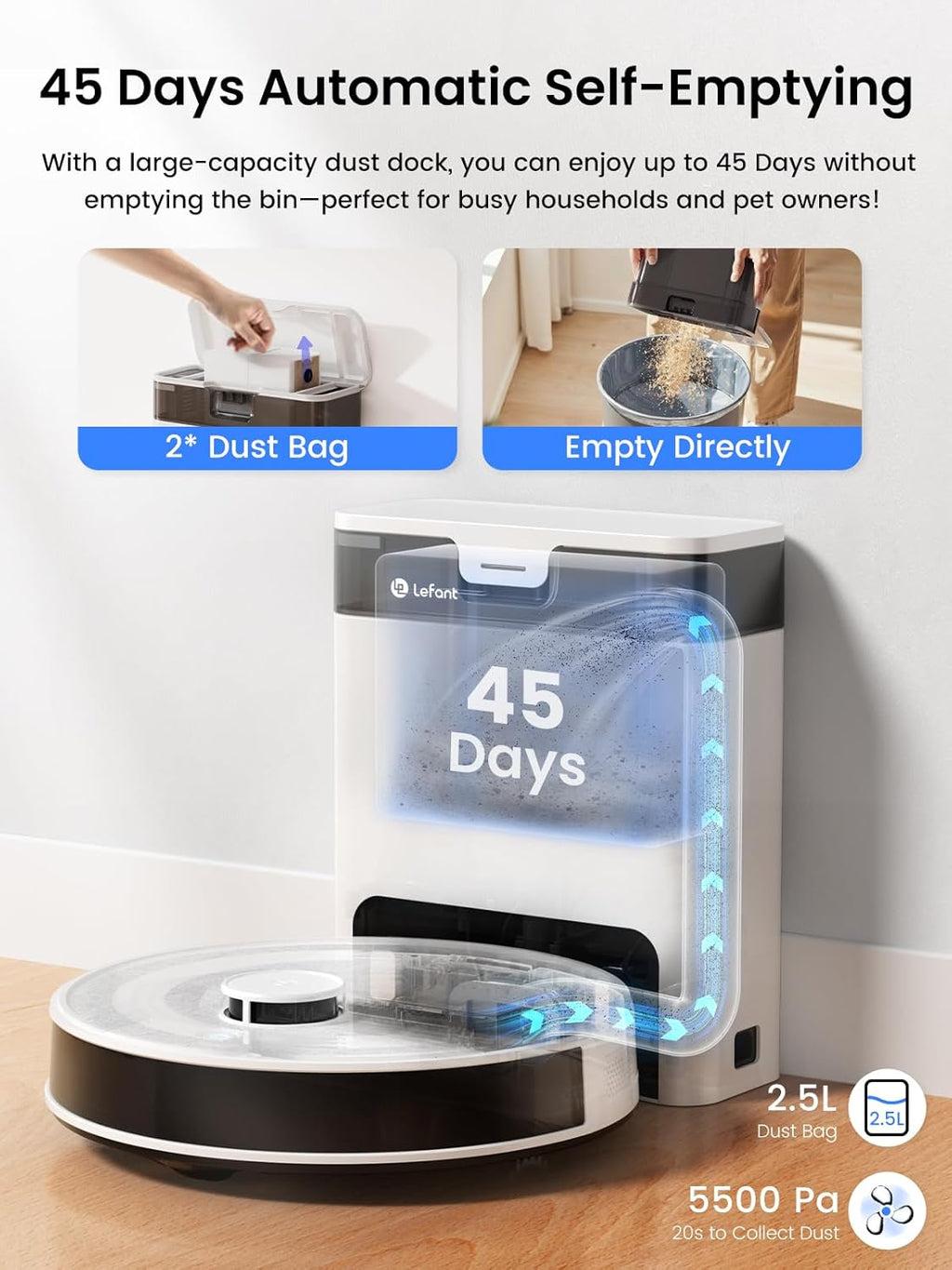 Lefant LiDAR Robot Vacuum and Mop, 45-Day Self-Emptying, 190° PSD Obstacle Avoidance, Customized Cleaning, Multi-Floor Mapping, 5500Pa Strong Suction, 140 Min Runtime, WiFi/Alexa/APP/iWatch, M2 Pro