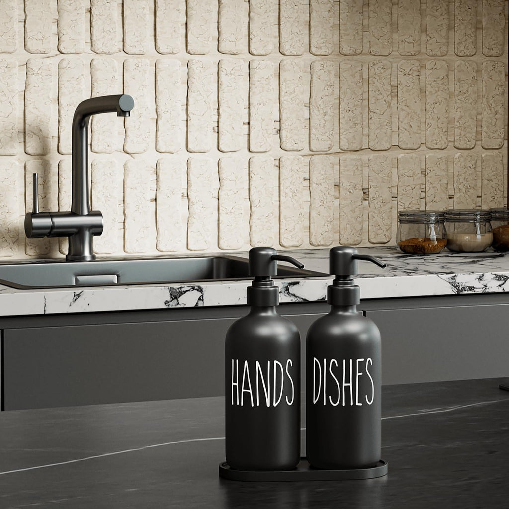 MOMEEMO Black Soap Dispenser Set, Contains Dish and Hand Soap Dispenser, Suitable for Kitchen Decor and Accessories. (Black)