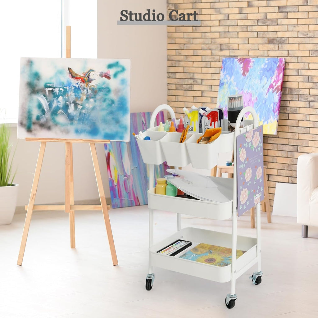 danpinera 3-Tier Rolling Cart, Metal Rolling Storage Cart with Lockable Wheels & Hanging Cups & Hooks, Mobile Trolley Cart for Kitchen, Bathroom, Office, Workshop, White