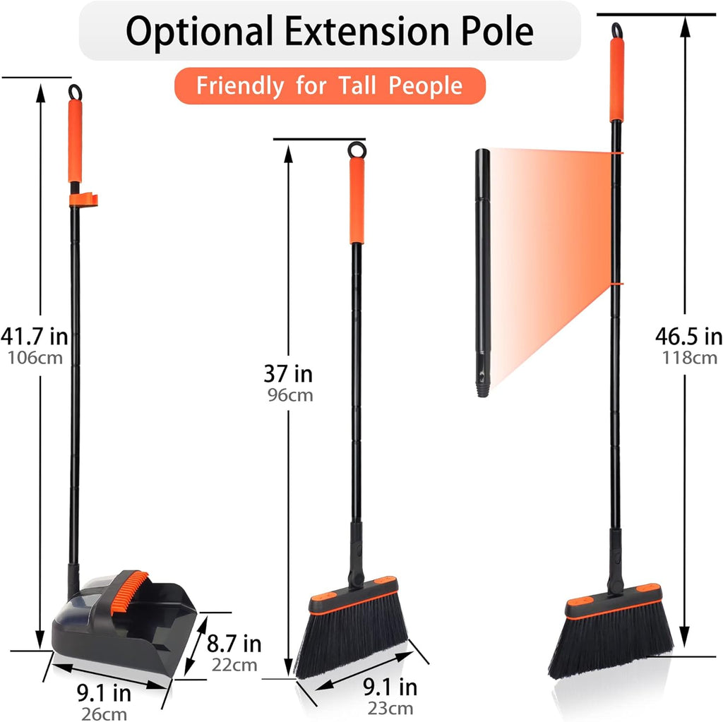 JEHONN Broom and Dustpan Set for Home, Long Handle Lightweight 180 Degree Rotating Broom Set Indoor, Upright Standing Dust Pan with Comb Teeth, Store Sweep Set for Room Kitchen Office Lobby