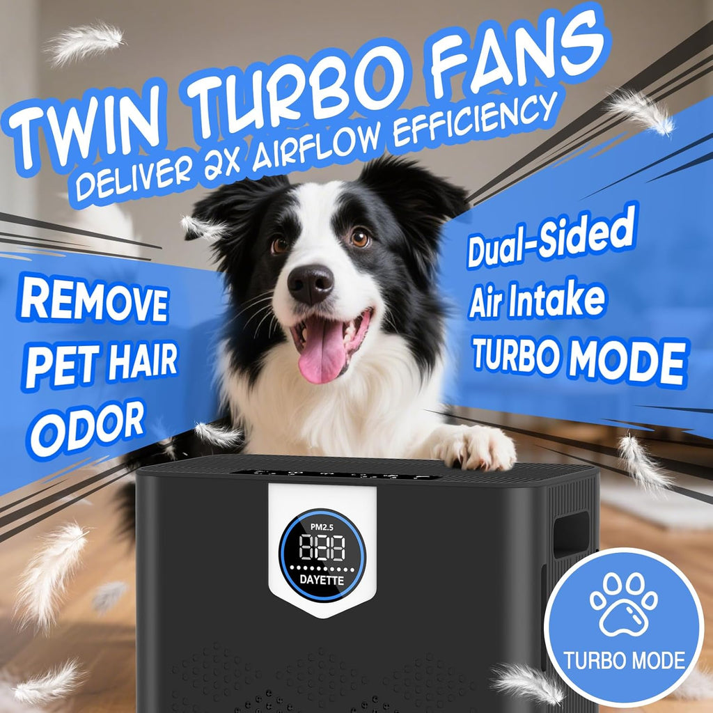 DAYETTE Air Purifier for Home Large Room Bedroom Up to 3000 Ft² with Washable Pre-Filter, Air Quality Monitor, HEPA Air Purifiers with Sleep Mode for Dust, Pollen,Black