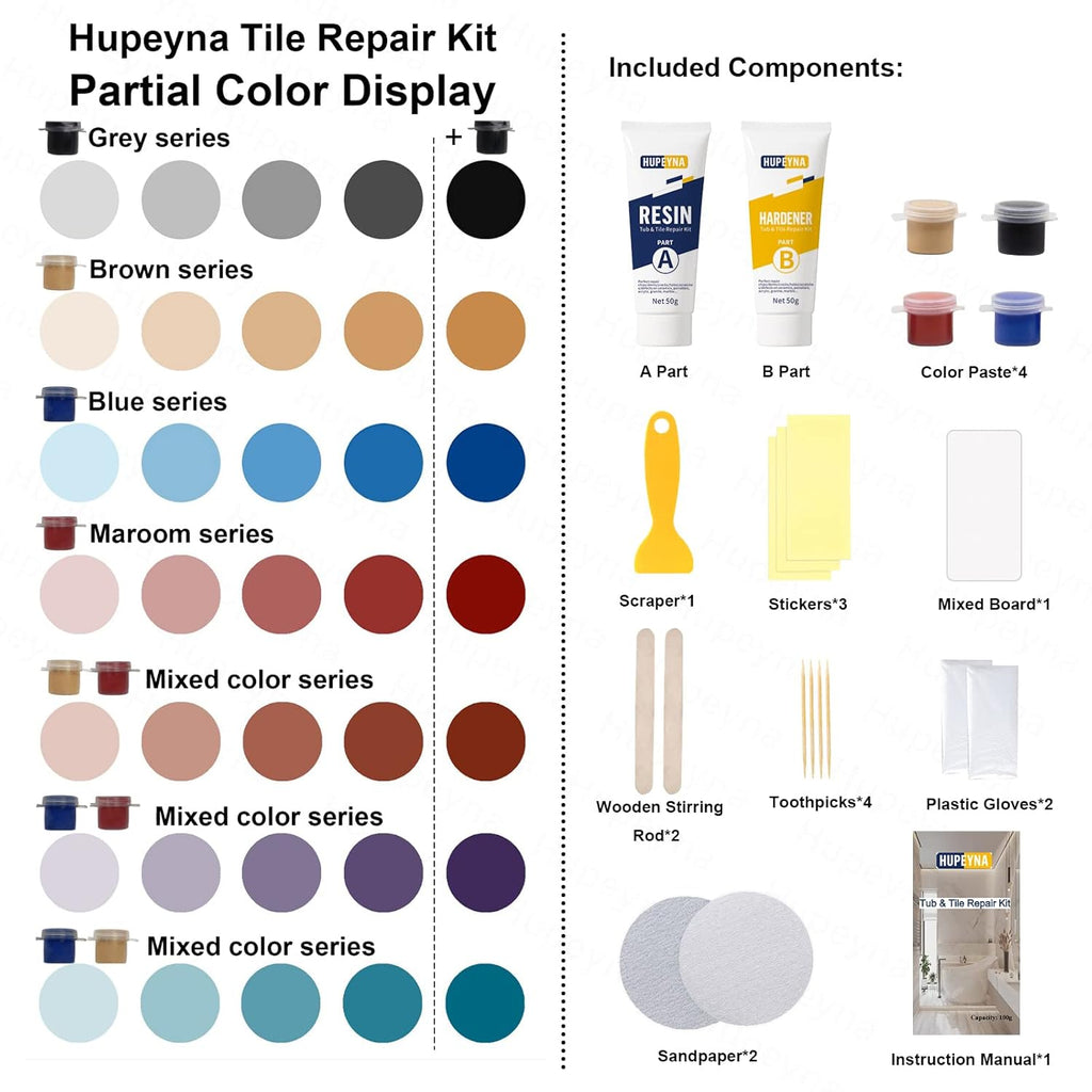 Tub, Tile and Shower Repair Kit (Color Match), Hupeyna Porcelain Repair Kit, Bathtub Repair Kit for Chips Dents Cracks Holes Scratchs, etc. Fiberglass Repair Set - Offer More Color Options